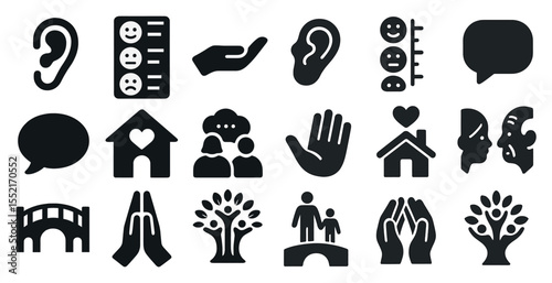 Communication and empathy solid icons set - filled, dialogue, interaction symbols