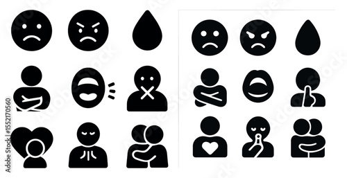 Emotion and expression silhouette icons set – feelings, mood, communication symbols