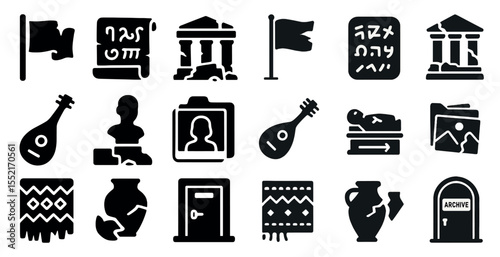 Ancient history solid icons set – filled, antique, and historical culture symbols