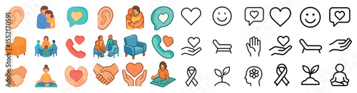 Psychotherapy and counseling icons set – flat, line, mental health and therapy symbols