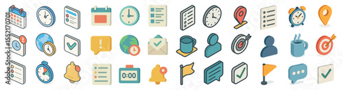 Time management isometric icons set – calendar, schedule, productivity symbols