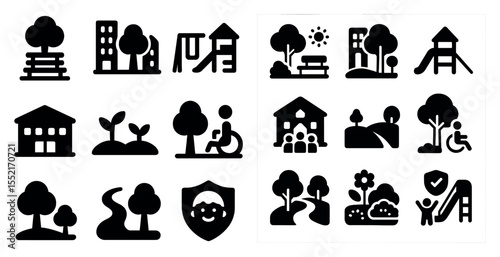 Community and outdoors filled icons set – solid, silhouette, park and nature symbols