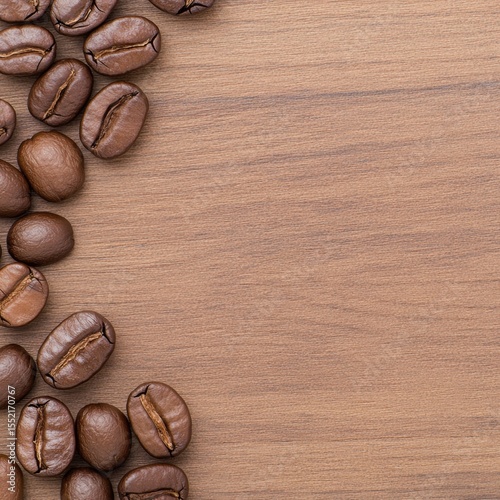 Coffee beans scattered across a wooden surface, highlighting texture and color contrasts in a minimalist composition.
