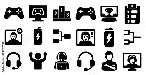 Gamer life filled icons set – silhouette, solid, digital and entertainment symbols