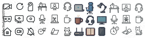 Home and office icon set – pixel art, outline, workspace and study symbols