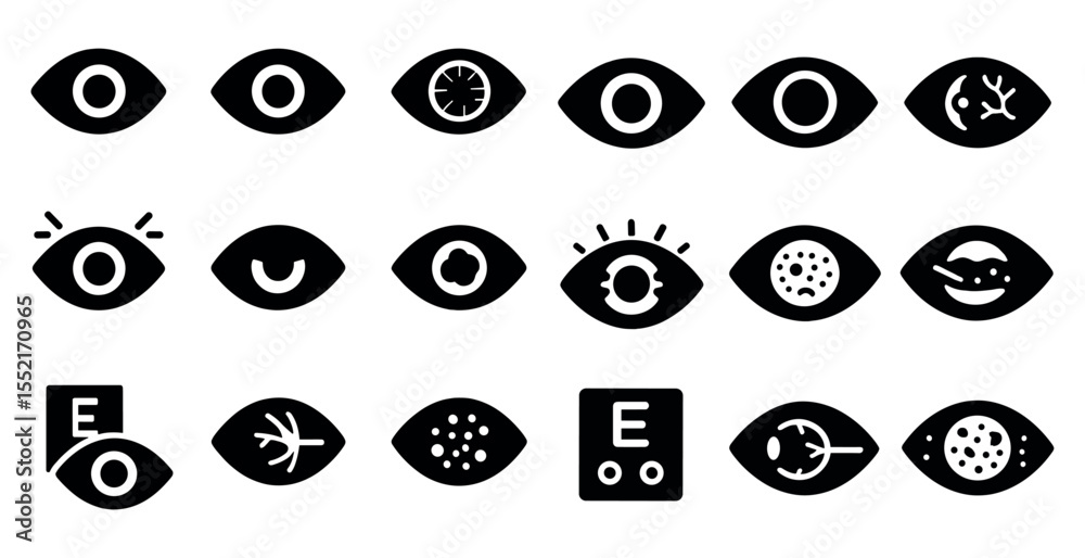 Vision and eye solid icons set – filled, medical, ophthalmology graphic symbols