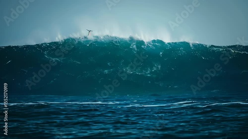 A majestic, turquoise blue wave, towering at an extraordinary height, rises majestically over the vast, deep blue ocean