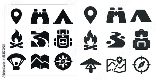 Camping and outdoor silhouette icons set – hiking, adventure, nature symbols