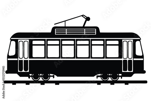 Isolated Silhouette of a Vintage Tram, Train, or Trolley on Tracks Illustration