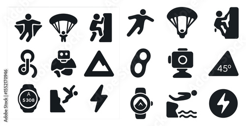 Adventure and sports silhouette icons set – climbing, diving, outdoor activity symbols
