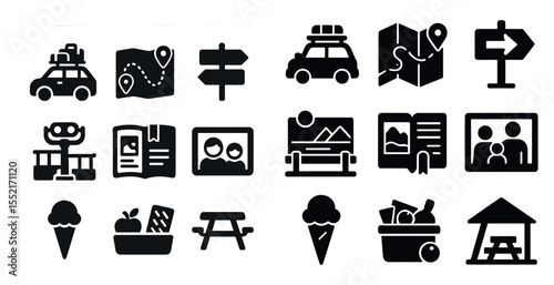Travel and navigation solid icons set – guide, direction, journey symbols