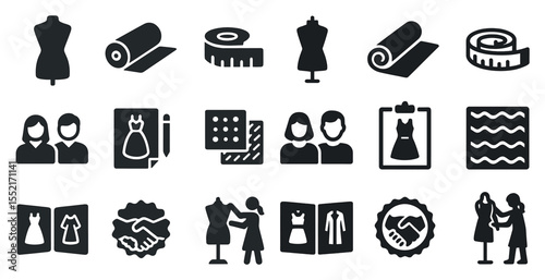Fashion design solid icons set – flat, silhouette, style and clothing symbols