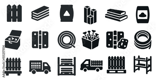 Construction and building silhouette icons set – solid, filled, industry tools symbols
