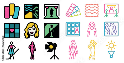 Photography and fashion line icons set – outline, silhouette, styling symbols