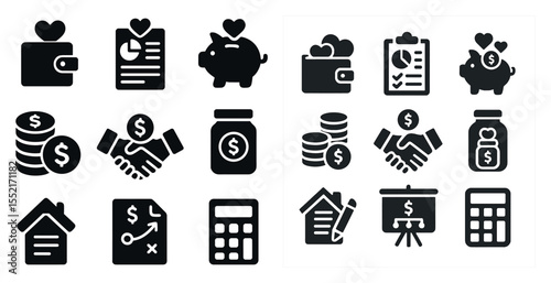 Finance and business solid icons set – filled, money, and investment symbols