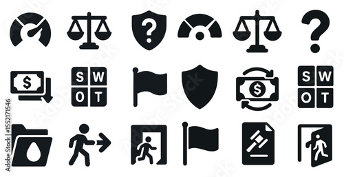 Business and finance solid icons set – flat symbols, corporate, economy elements