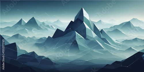 Morning mountain landscape with snowy peaks, blue sky, and clouds