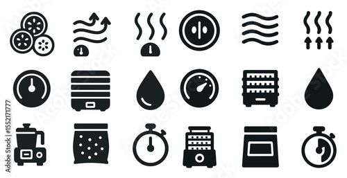 Air fryer and dehydrator solid icons set – kitchen, cooking, appliance symbols