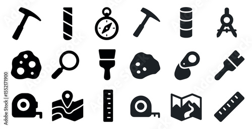 Exploration and navigation solid icons set – silhouette, filled, adventure tools