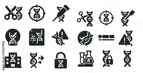 Dna and genetics solid icons set – science, filled, molecular research symbols
