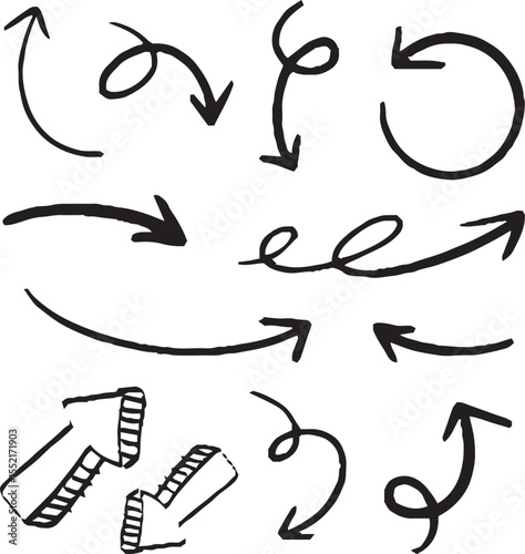 Hand-drawn arrow icon set. A collection of curved