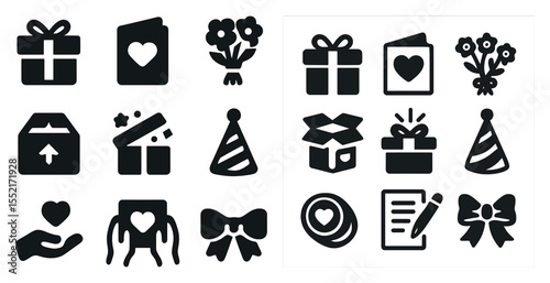 Holiday and celebration solid icons set – gift, party, and festive symbols