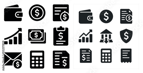 Finance and accounting solid icons set – silhouette, filled, business symbols