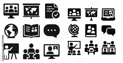 Education and learning solid icons set – flat, filled, study and classroom symbols