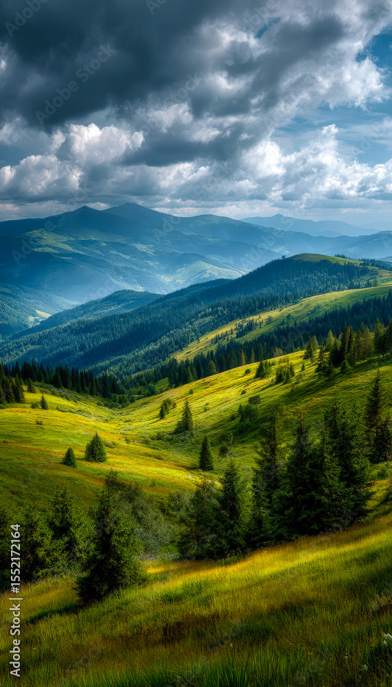 Obraz premium Scenic view of rolling green hills and mountain ranges under dramatic cloudy sky