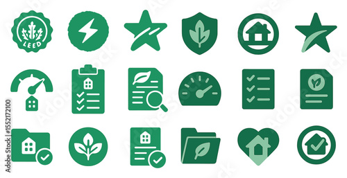 Eco-friendly and sustainability solid icons set – filled, green living symbols