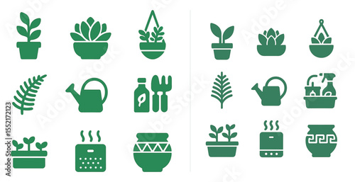 Gardening and plant care icons set – solid, filled, botanical and horticulture symbols