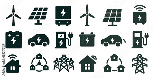 Renewable energy silhouette icons set – sustainable, eco power and green technology symbols