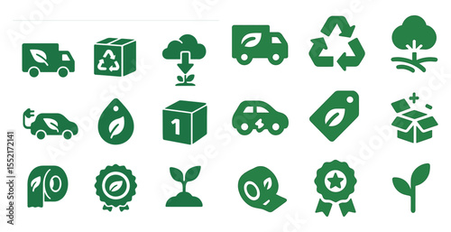 Eco and recycling solid icons set – waste management, green sustainability symbols
