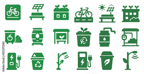 Eco and renewable energy icons set – solid, sustainable, green power symbols