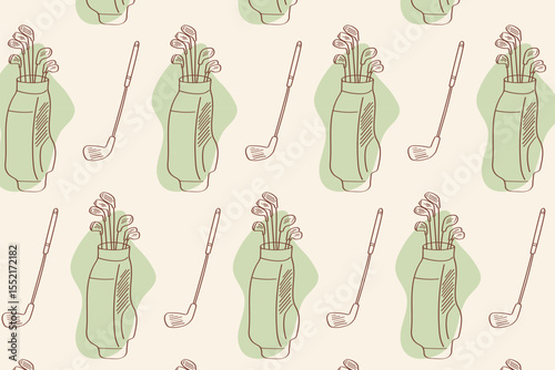 Golf bags and clubs seamless pattern in green tones – ideal for sports blogs, gift wraps, apparel design and golf course branding.