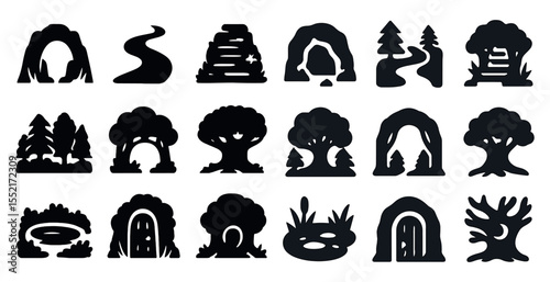 Nature and adventure silhouette icons set – solid, outdoor, exploration symbols