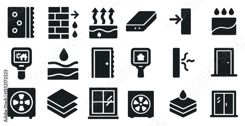 Construction and insulation silhouette icons set – building, thermal, moisture protection