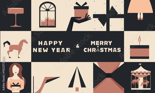 Stylized holiday illustration featuring a grid of minimalistic flat icons in a retro-modern style. Includes holiday symbols. Greeting "Happy New Year & Merry Christmas" in a bold, graphic font. 