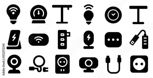 Smart home technology solid icons set – filled, home automation, connectivity symbols