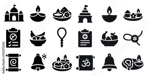 Hindu festival silhouette icons set – diwali, celebration, cultural symbols collection