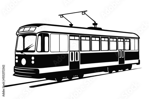 Detailed Monochrome Illustration of a Classic Tram on Rails in Motion