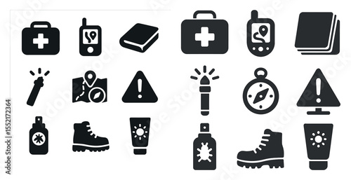 Camping and hiking solid icons set – outdoor, adventure, backpacking essentials