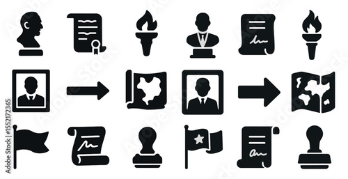 Historical documents silhouette icons set – flat, filled, classic and vintage symbols