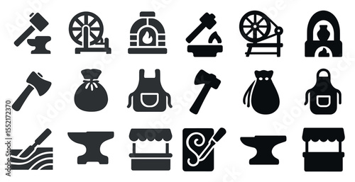 Blacksmith and craft solid icons set – silhouette, filled, artisan and workshop tools