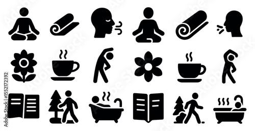 Meditation and relaxation solid icons set – filled, calming, yoga symbols