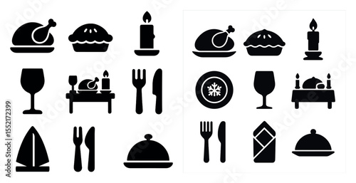 Dining and food silhouette icons set – solid, filled, kitchen and restaurant graphics