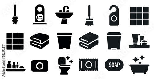 Bathroom essentials solid icons set – silhouette, filled, hygiene and cleaning symbols