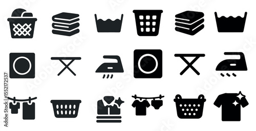 Laundry solid icons set – flat, filled, washing and ironing symbols