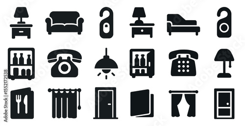 Home and furniture solid icons set – filled, silhouette, decor symbols