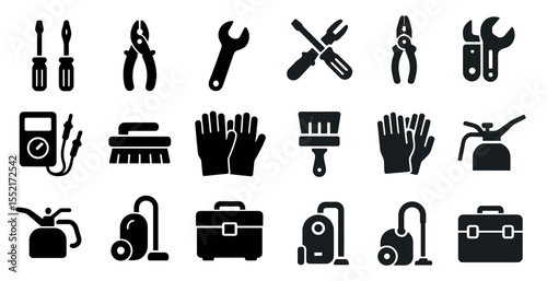 Tools and equipment solid icons set – filled, handyman, maintenance symbols